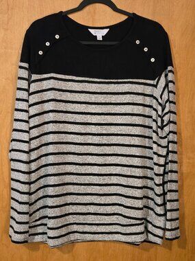 Market & Spruce Striped Long Sleeve Pullover Top Black Gray Size 2X buttons